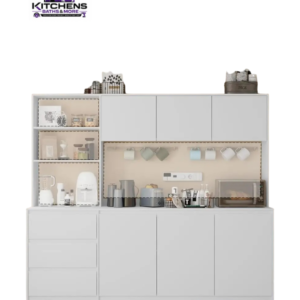 Large kitchen pantry cabinet with microwave shelf and storage drawers