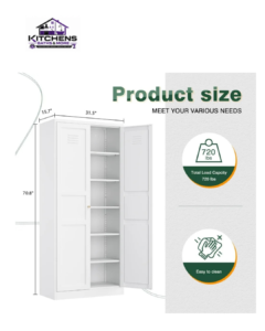 Metal white storage cabinet with adjustable interior shelves